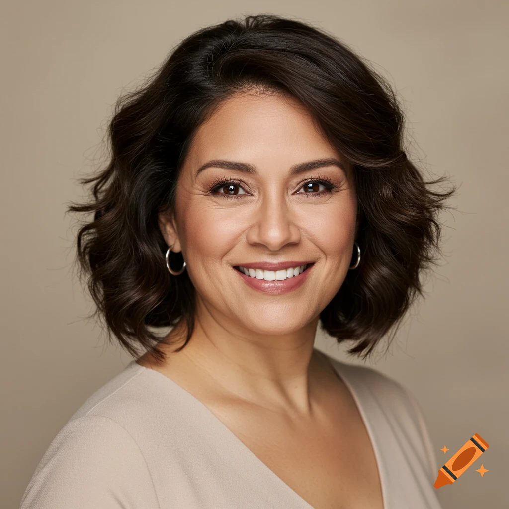 Photorealistic portrait of a smiling woman with short dark hair and hoop earrings.
