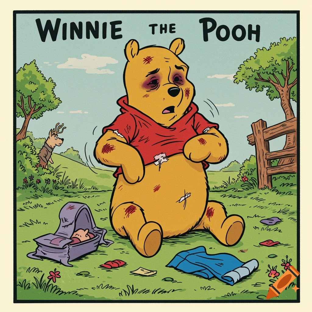 Cartoon of a beat-up Winnie the Pooh sitting near a stroller, in a vintage comic style.