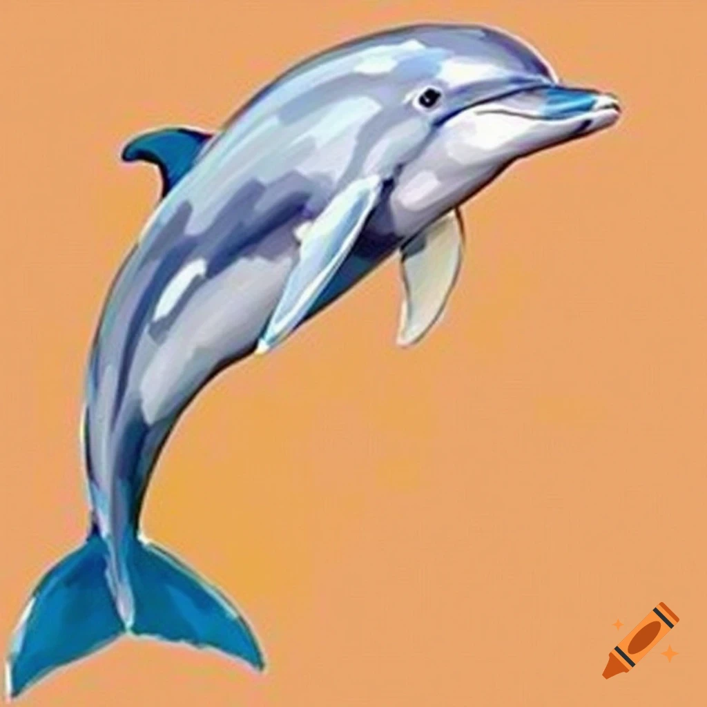 A blue and grey dolphin is shown leaping on an orange background.