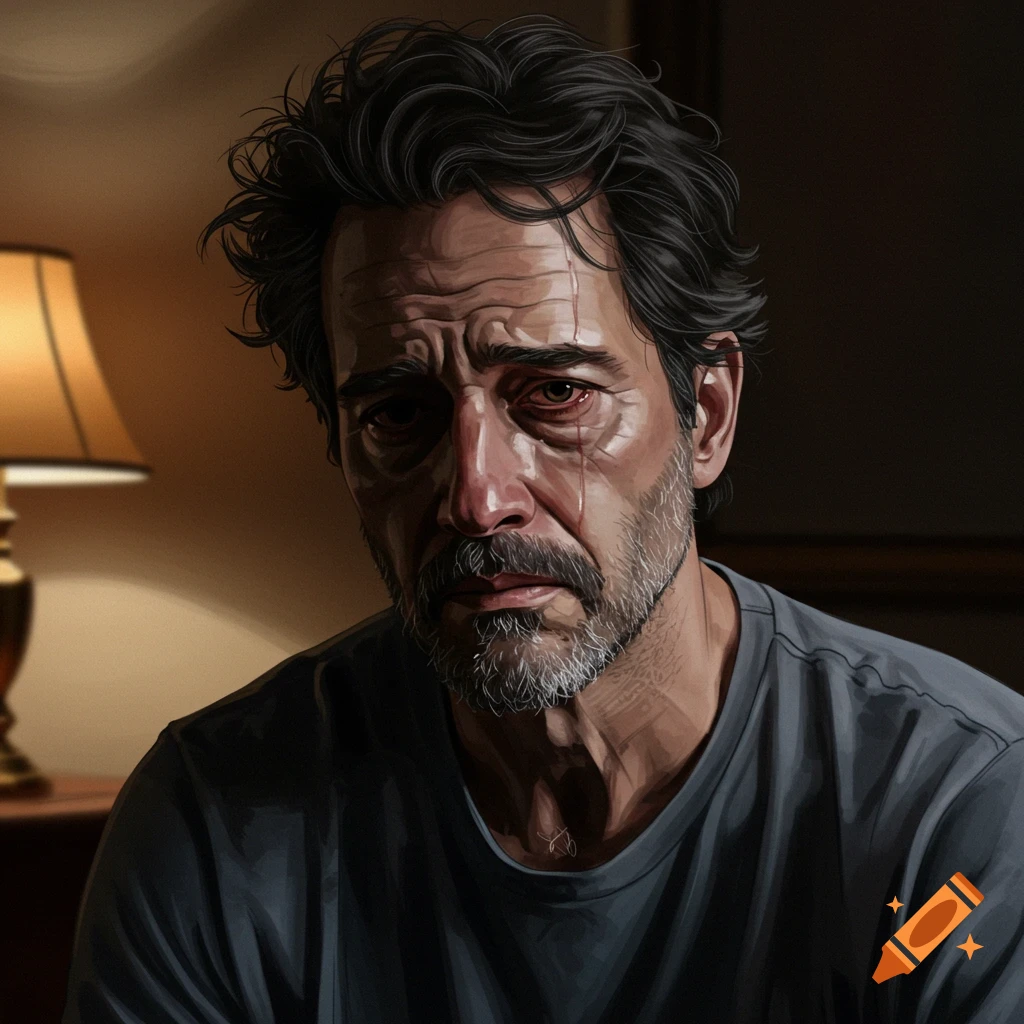 A sad bearded man crying