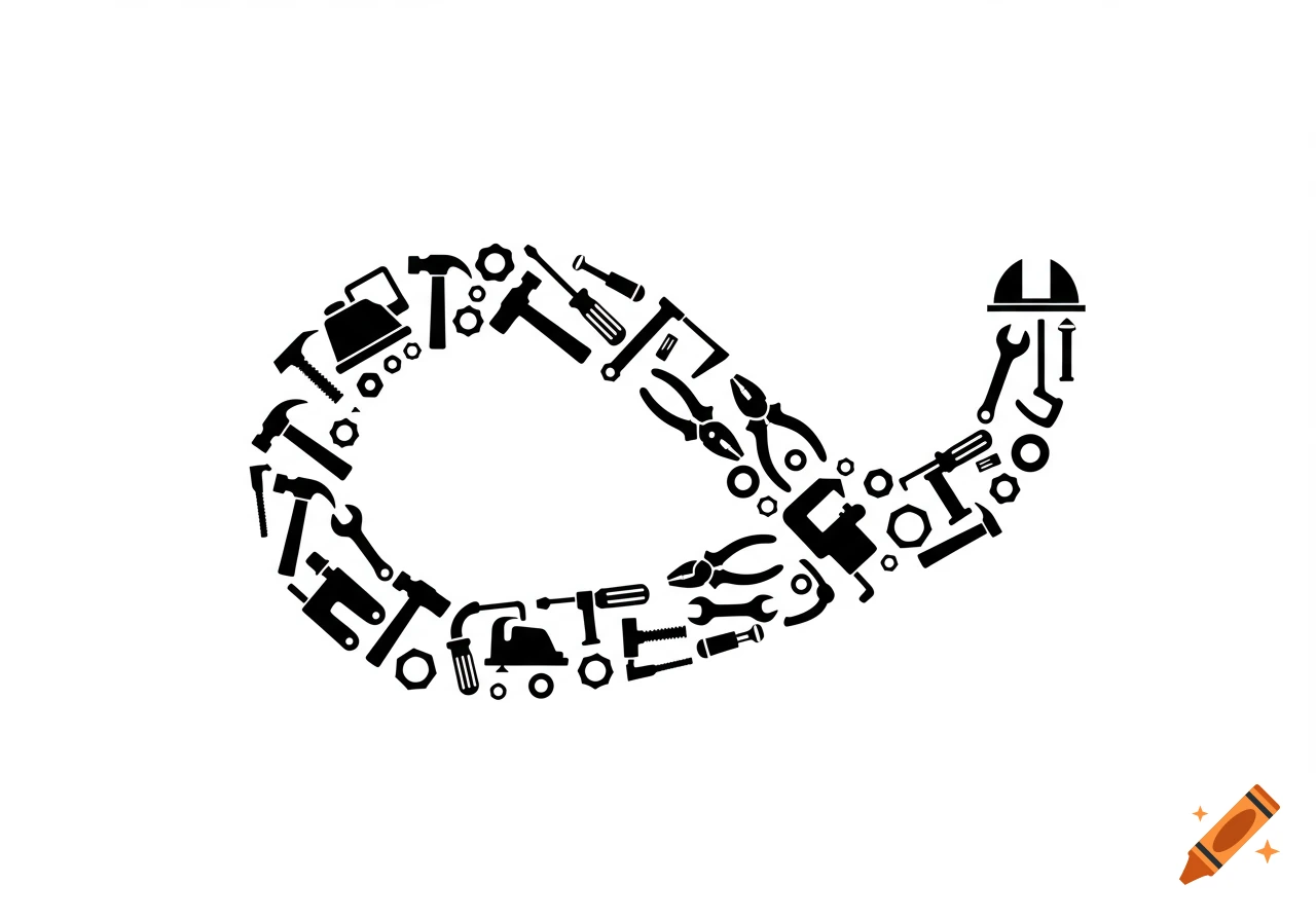 Black construction tool silhouettes arranged in a curved shape on white background
