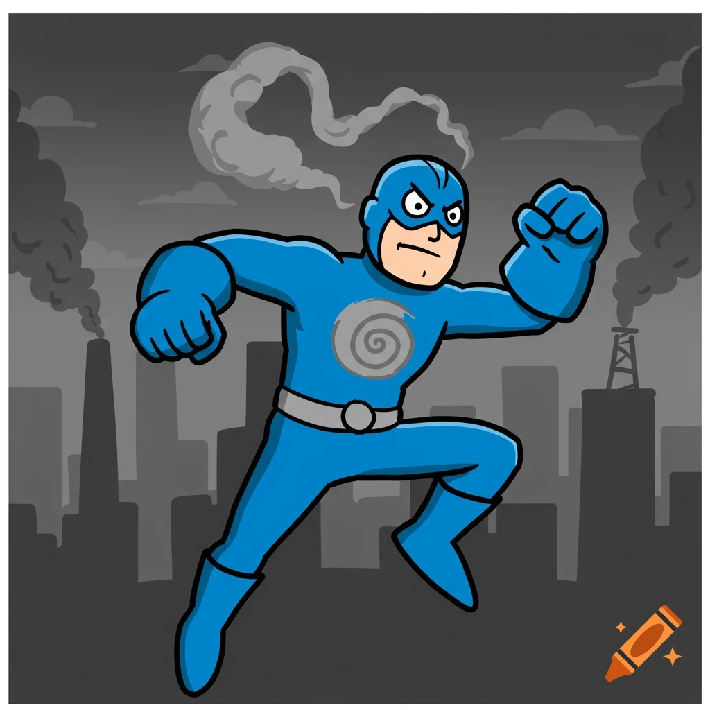 Cartoon illustration of a superhero in blue flying in front of a city with smokestacks.