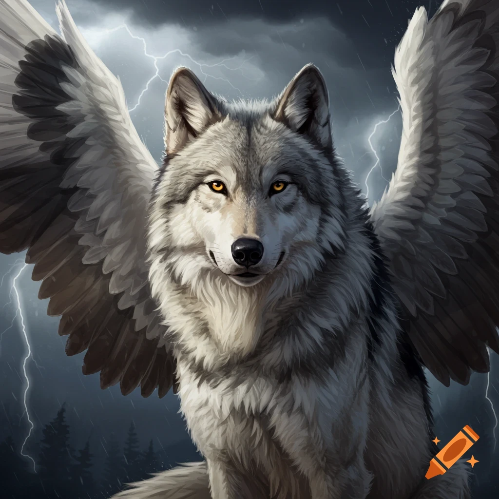 A wolf with large feathered wings sits against a stormy sky with lightning.