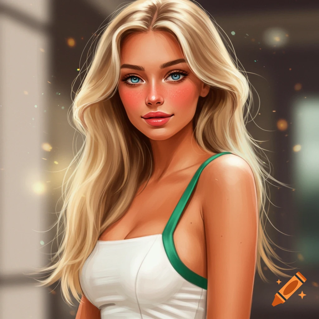 A blonde woman with blue eyes, rosy cheeks, and a white top with green straps.