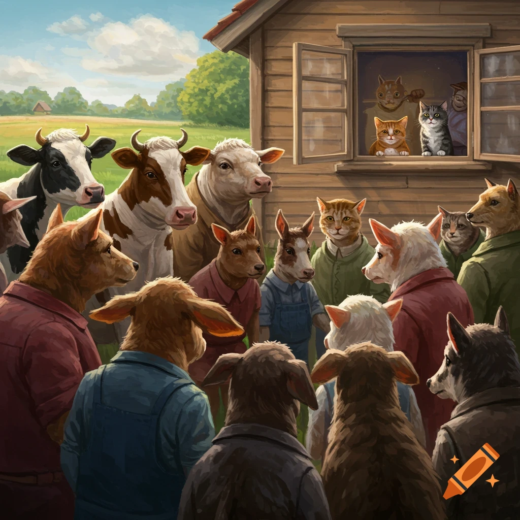 Serious farm animals and cats looking into a window.