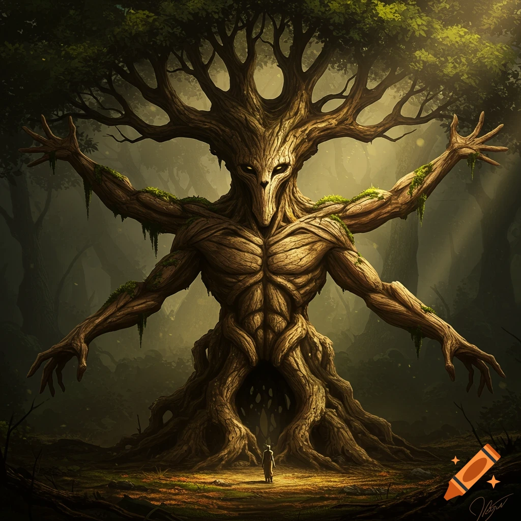 A giant tree creature with multiple arms stands over a small person in a forest.