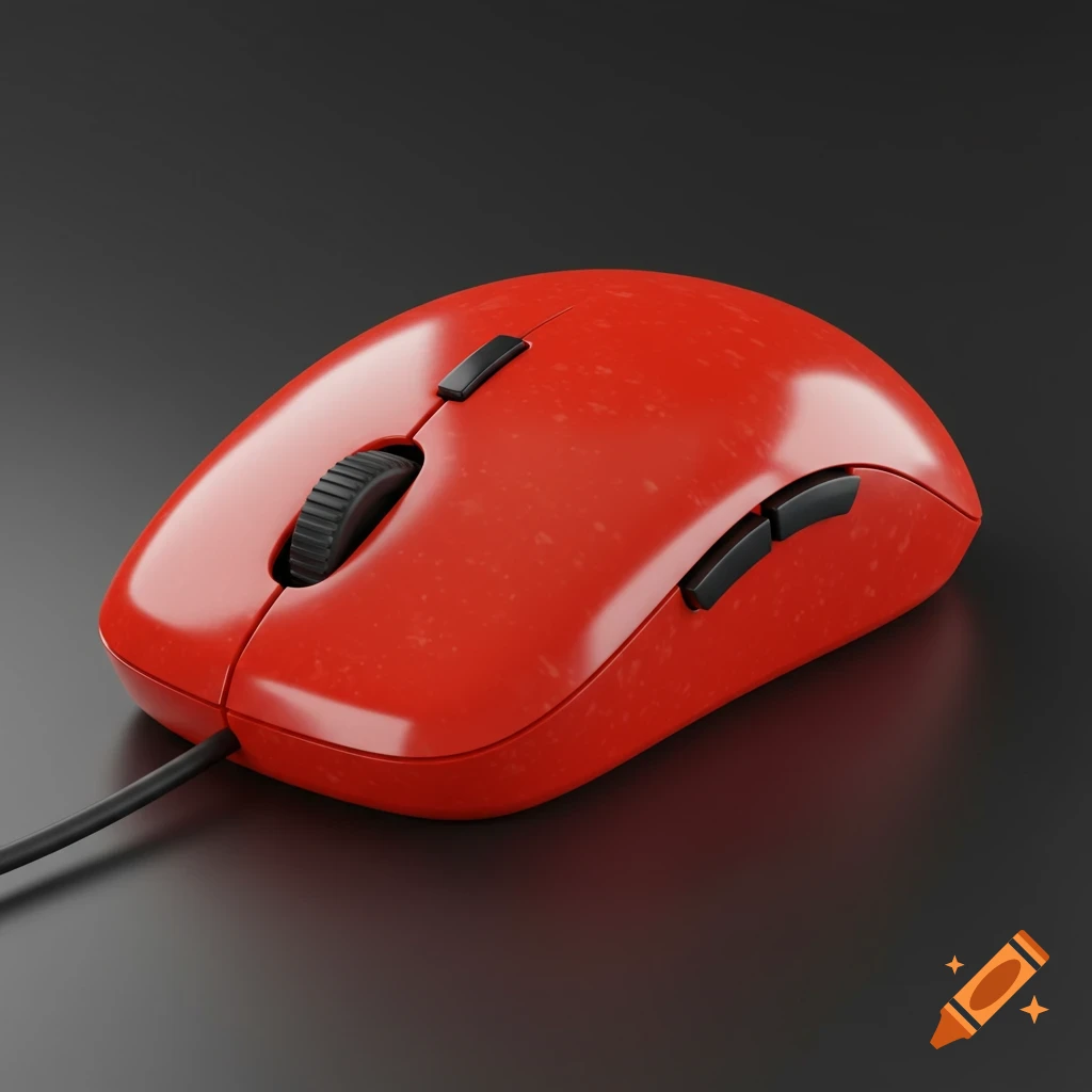 A 3D render of a red computer mouse.