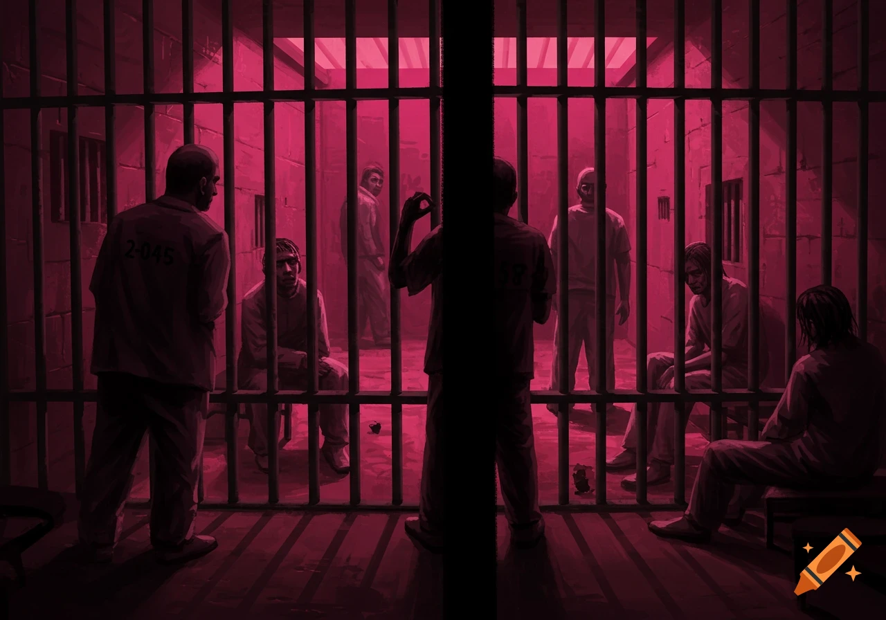 Multiple figures in jail cells, rendered in black and pink.