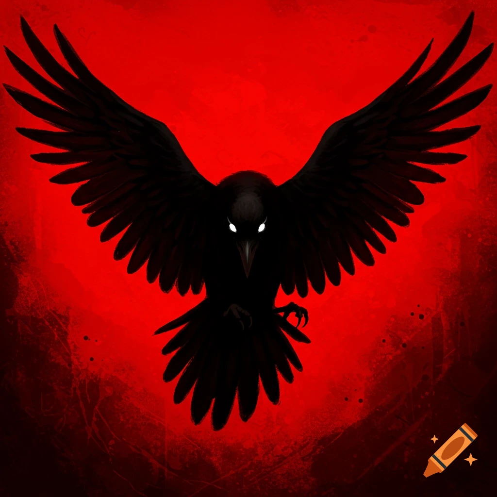 A black crow symbol with outstretched wings on a red background.