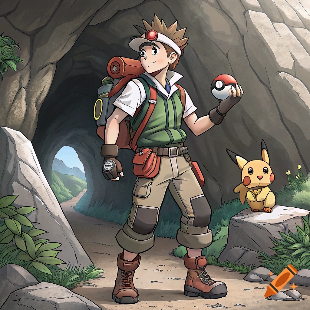 Anime character with backpack holds Pokeball next to Pikachu near cave entrance