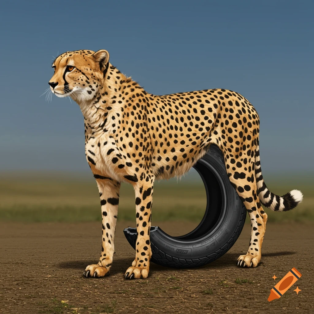 A cheetah with a tire for a body stands in a field in a realistic style.