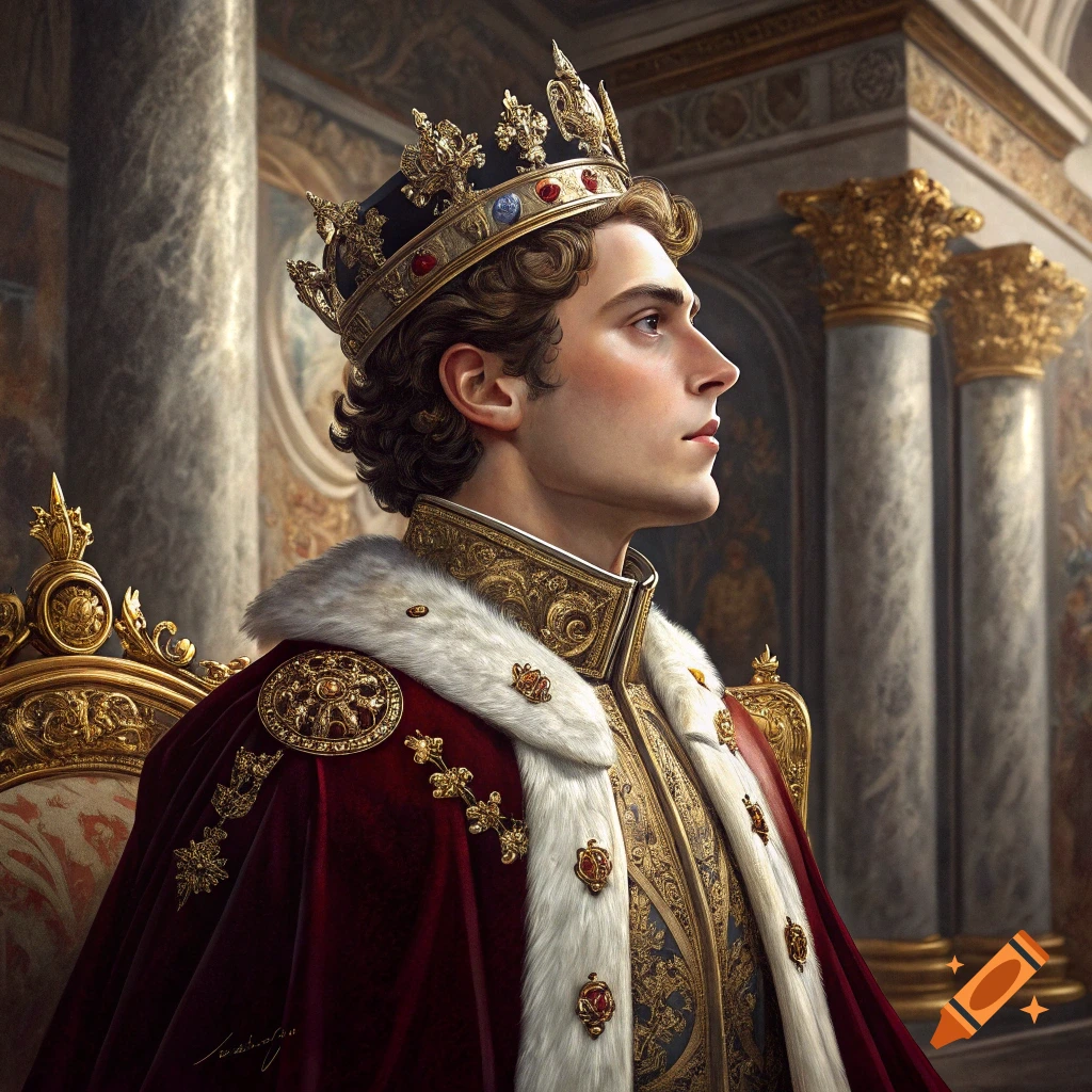 Royal portrait of a young man in a crown and ornate robe, seated on a golden throne in a grand hall.