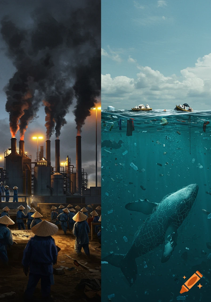 Split scene: industrial factory with smokestacks and workers contrasts with a whale trapped in plastic debris in a polluted ocean.