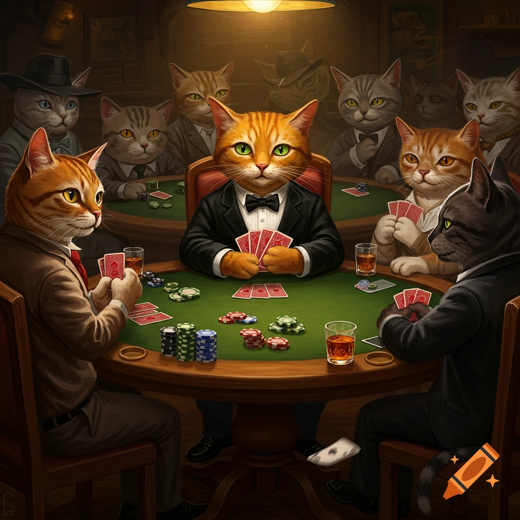 Anthropomorphic cats playing poker around a table.