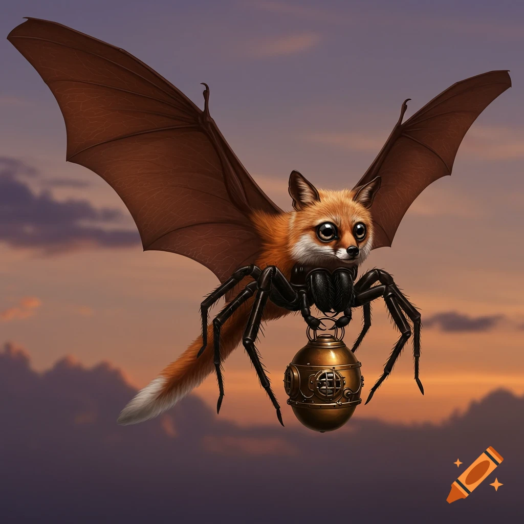 A flying fox-spider hybrid creature with bat wings holding a diving bell in a sunset sky.