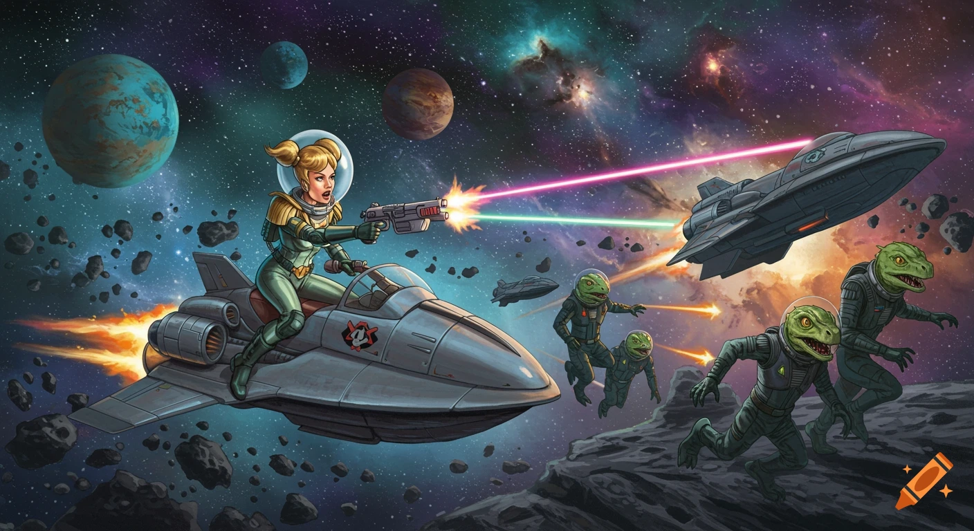 Woman on space jet fights lizard aliens in space, pulp sci-fi style.