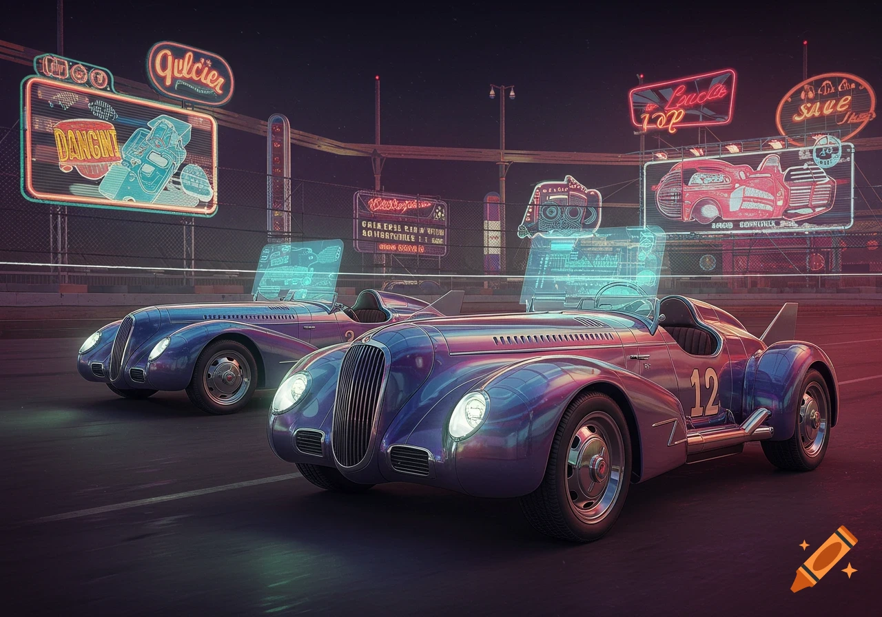 Retro-futuristic race cars drive at night past glowing neon signs.
