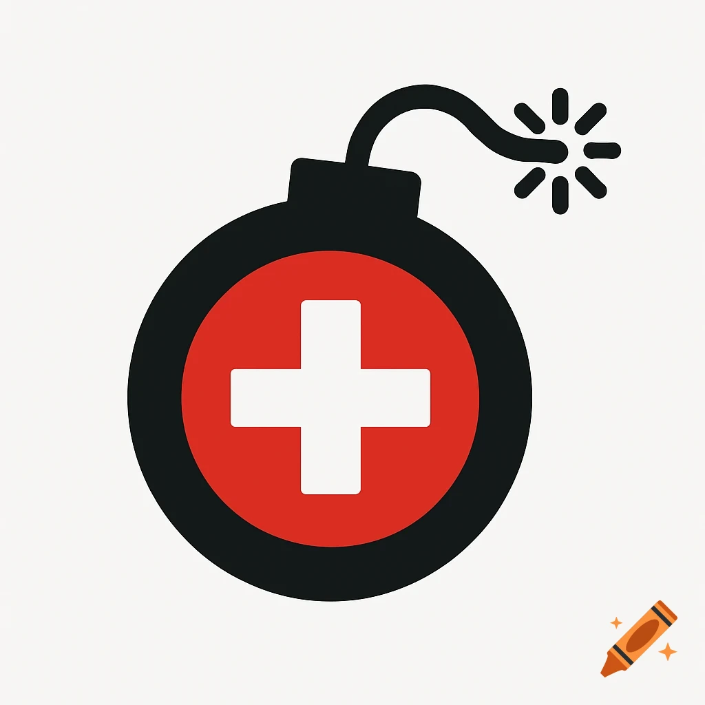 Vector icon of a bomb with a red circle and white cross, and a lit fuse.