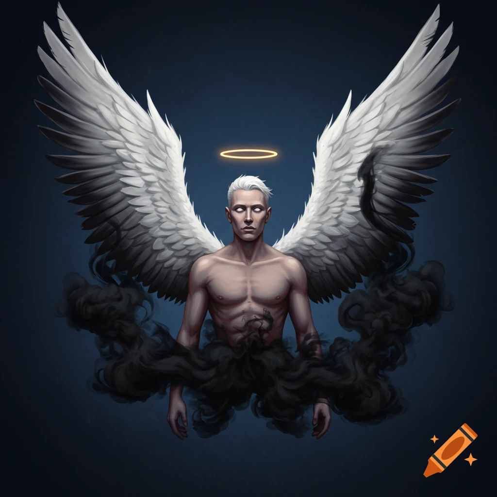A bare-chested male angel with white wings and a halo, surrounded by black smoke.
