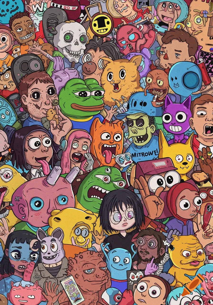 Colorful, chaotic illustration of many cartoon and meme characters crowded together.
