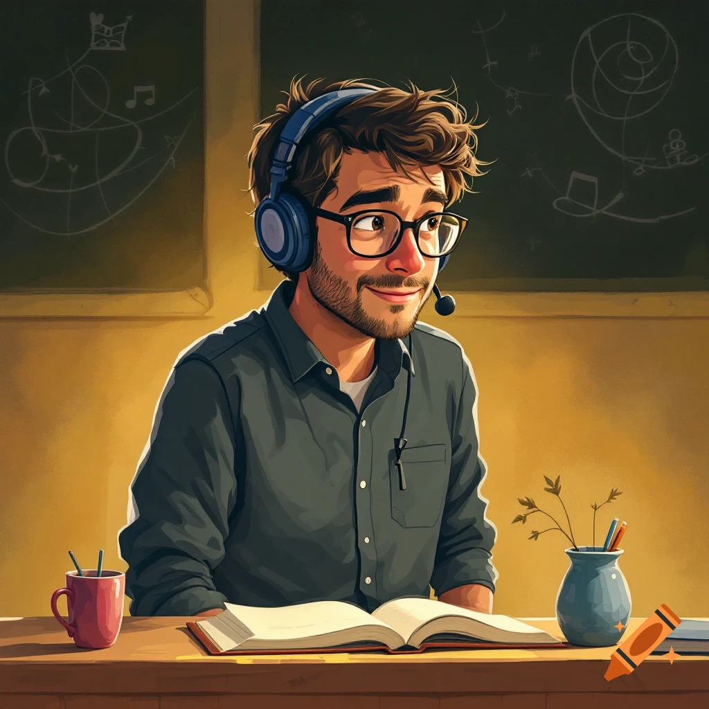 An illustration of a young man with glasses and headphones sitting at a desk with books in a classroom.