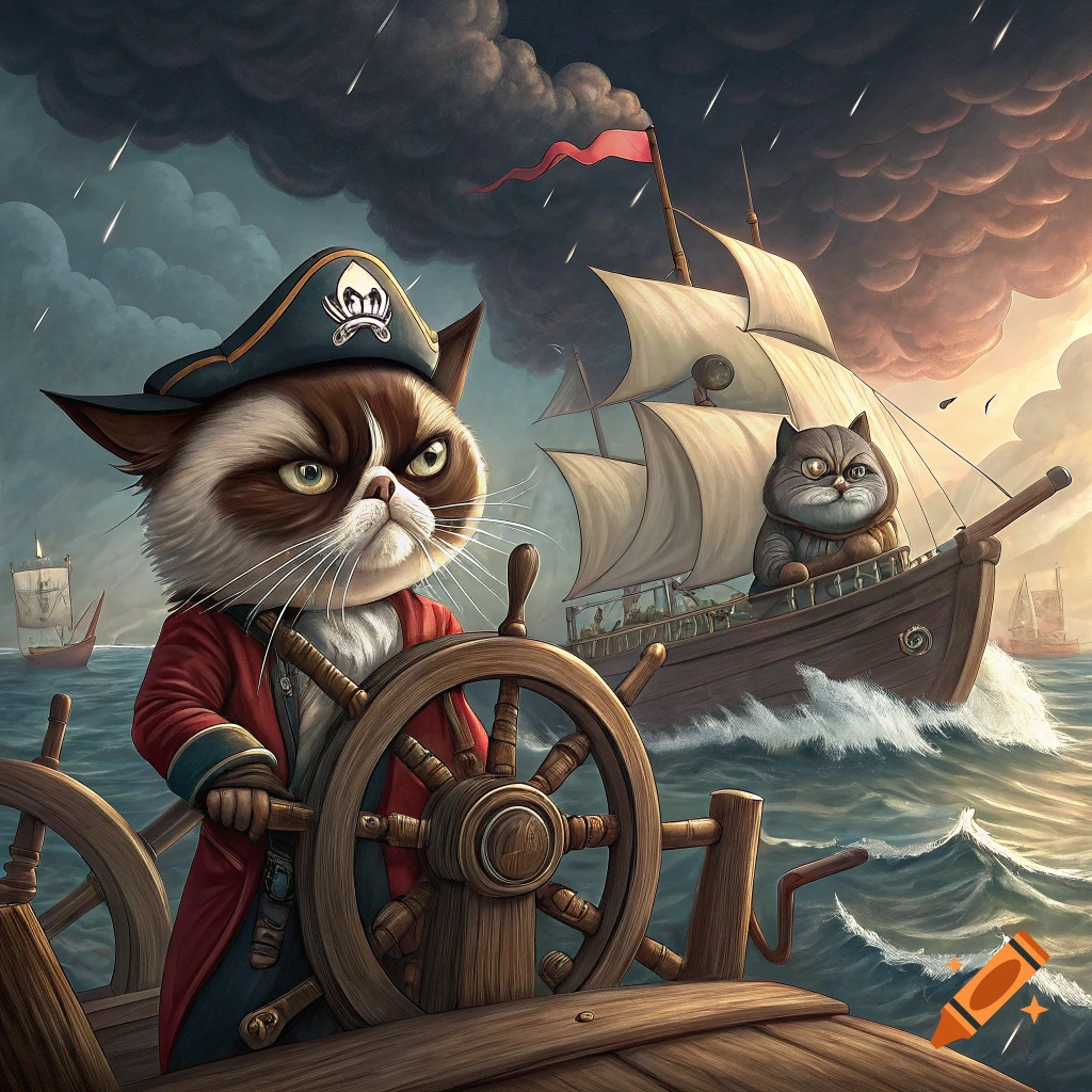 Grumpy cat pirate captain steers ship in a storm, with first mate cat on a second ship