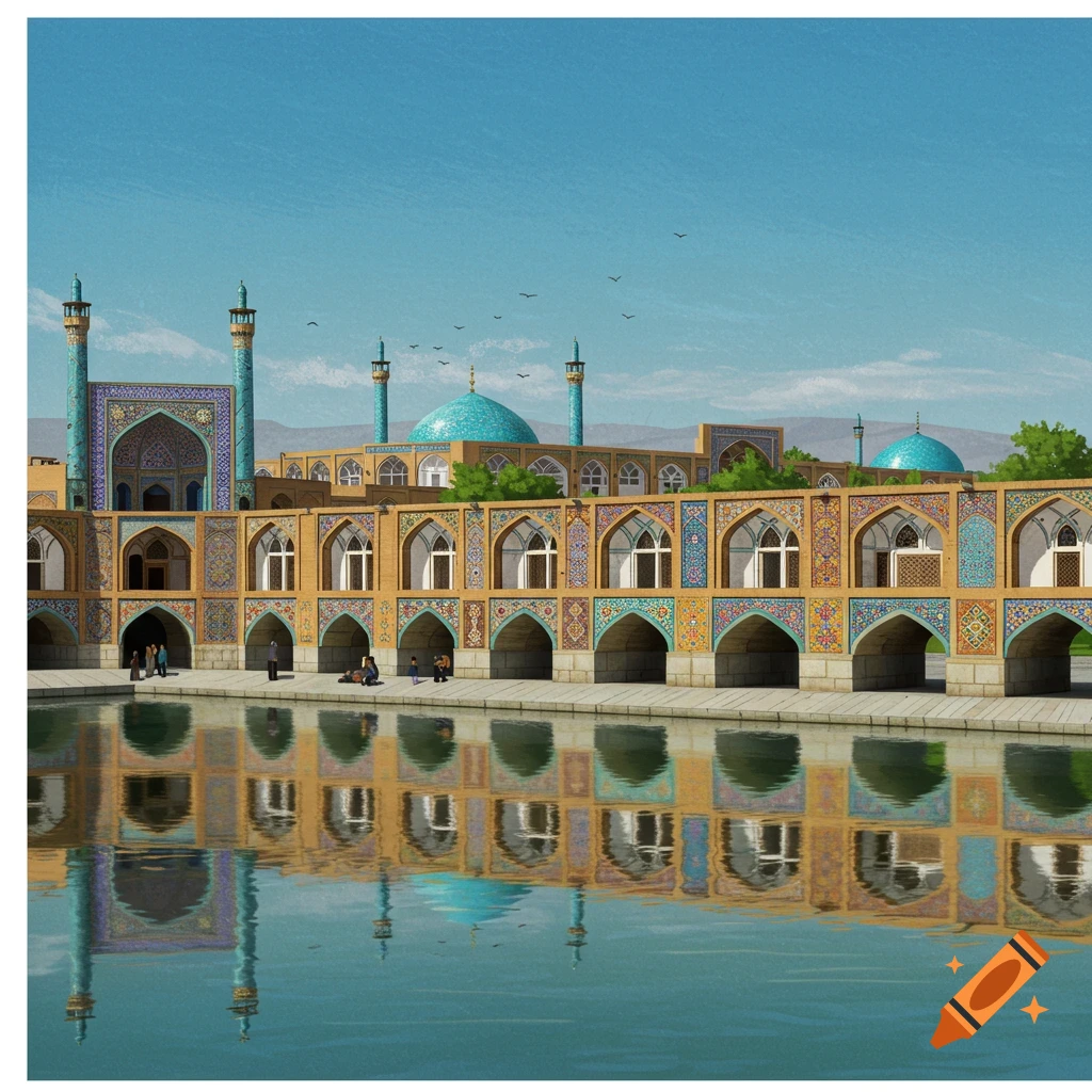 An arched bridge with reflections in water, minarets, and distant buildings under a blue sky.