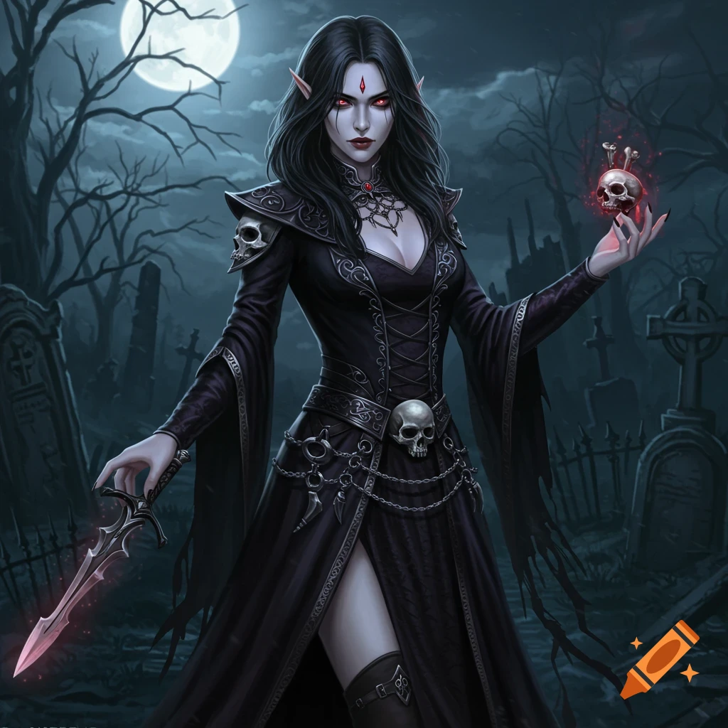 A female vampire or necromancer is in a graveyard under a full moon, holding a dagger and a glowing skull.