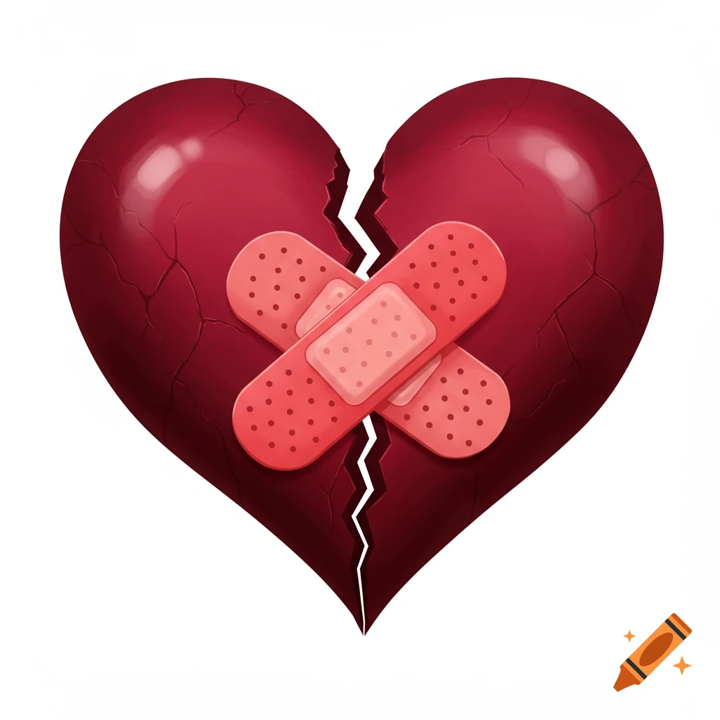 A broken red heart is patched with two crossed bandages on a white background.