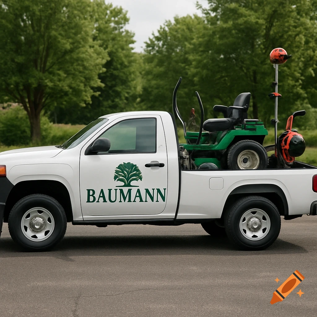 White pickup truck with a logo and 'BAUMANN' text on the door, carrying a lawnmower and other landscaping equipment in the bed.