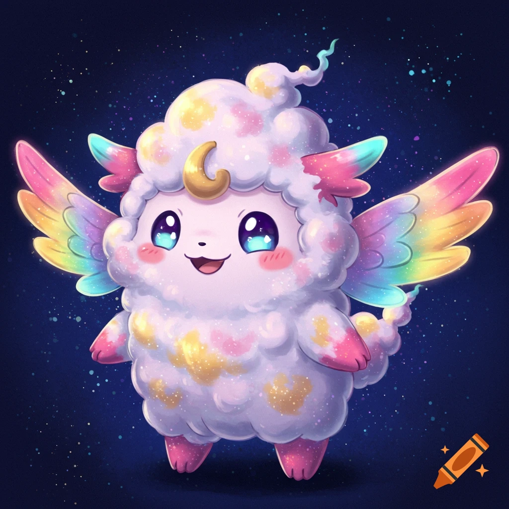 A cute fluffy white creature with rainbow wings and a golden crescent on its head stands against a starry background.
