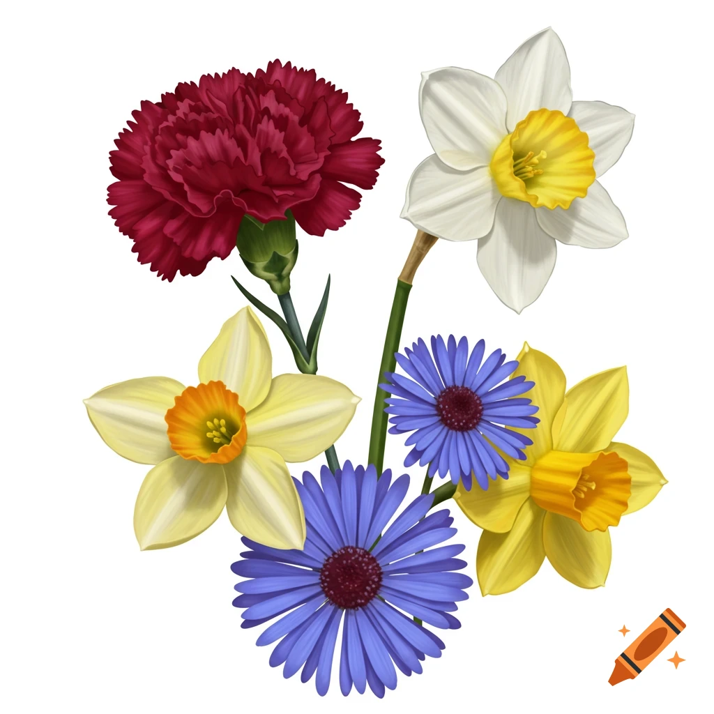 A bouquet of red carnation, white and yellow narcissus, yellow daffodil, and blue aster flowers.