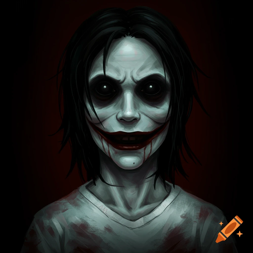 A person with a wide, carved smile dripping blood, dark eyes, pale skin, and dark hair wearing a bloody shirt.