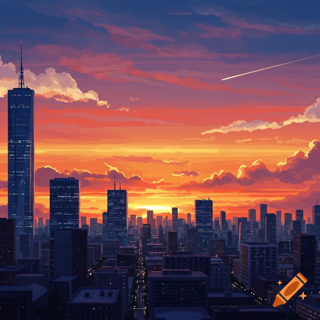 A city skyline at sunset with vibrant clouds.