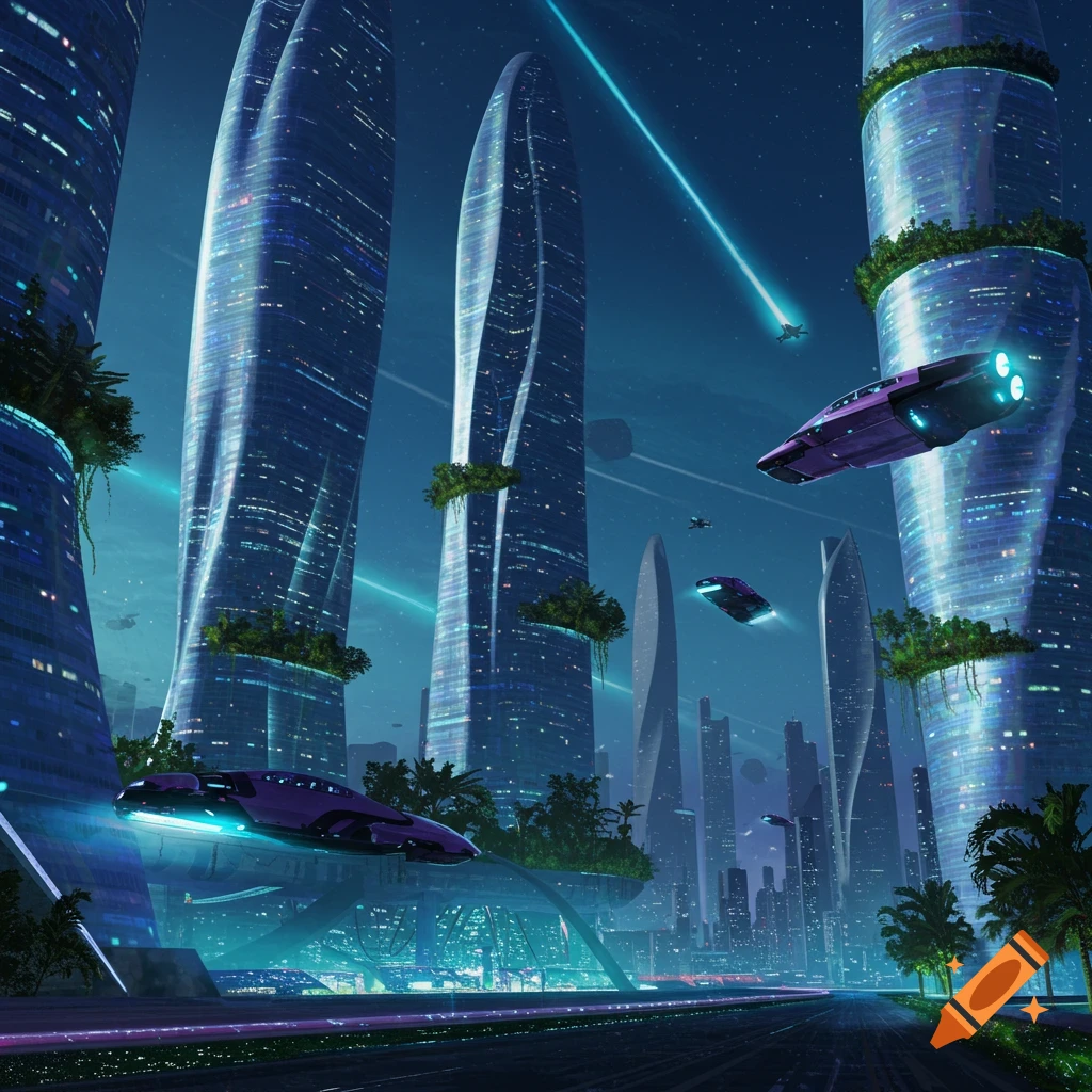 A futuristic city with tall skyscrapers and flying vehicles at night.