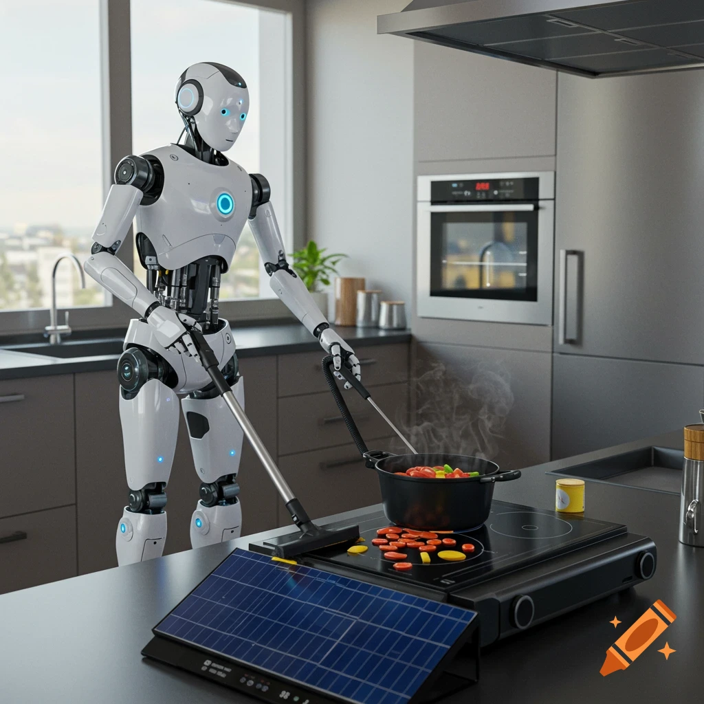 A white robot cooks at a stove while holding a vacuum cleaner attachment in a modern kitchen with a solar panel.
