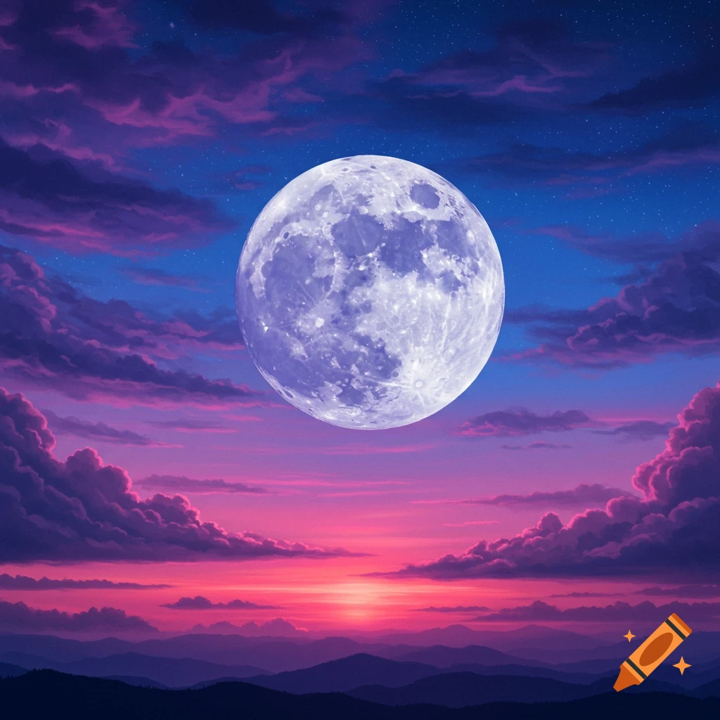 A large full moon over mountains at sunset with purple and pink clouds.