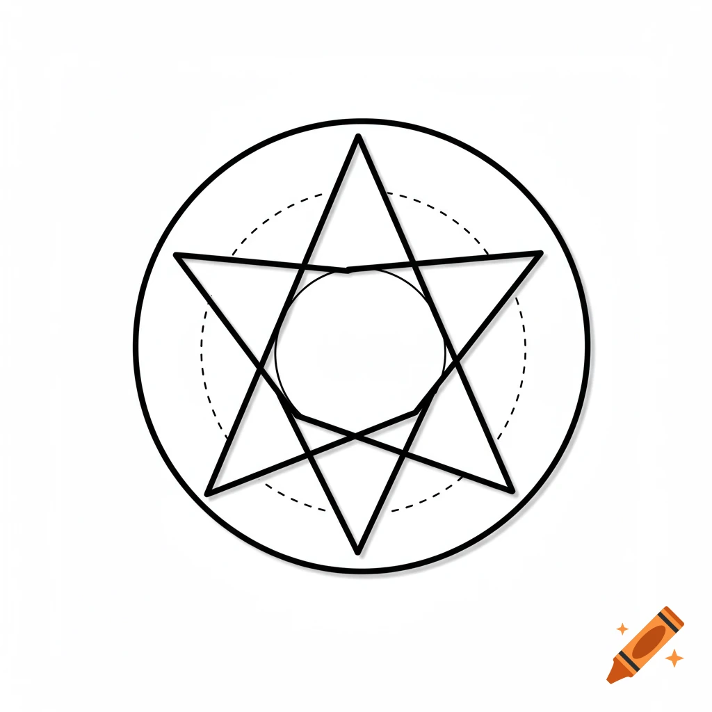 Black and white line drawing of a geometric symbol with circles and a star pattern inside a large circle.