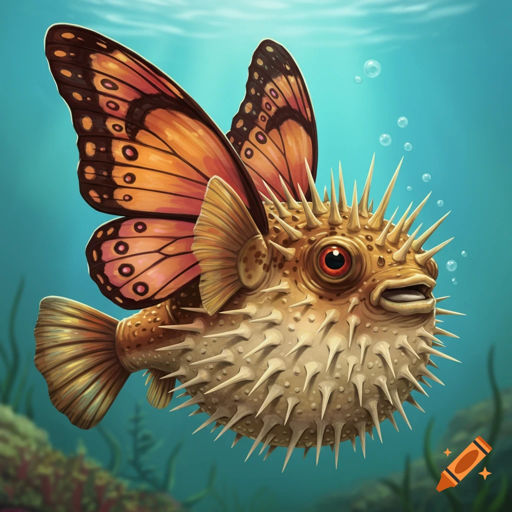 A puffed pufferfish with butterfly wings swims underwater.