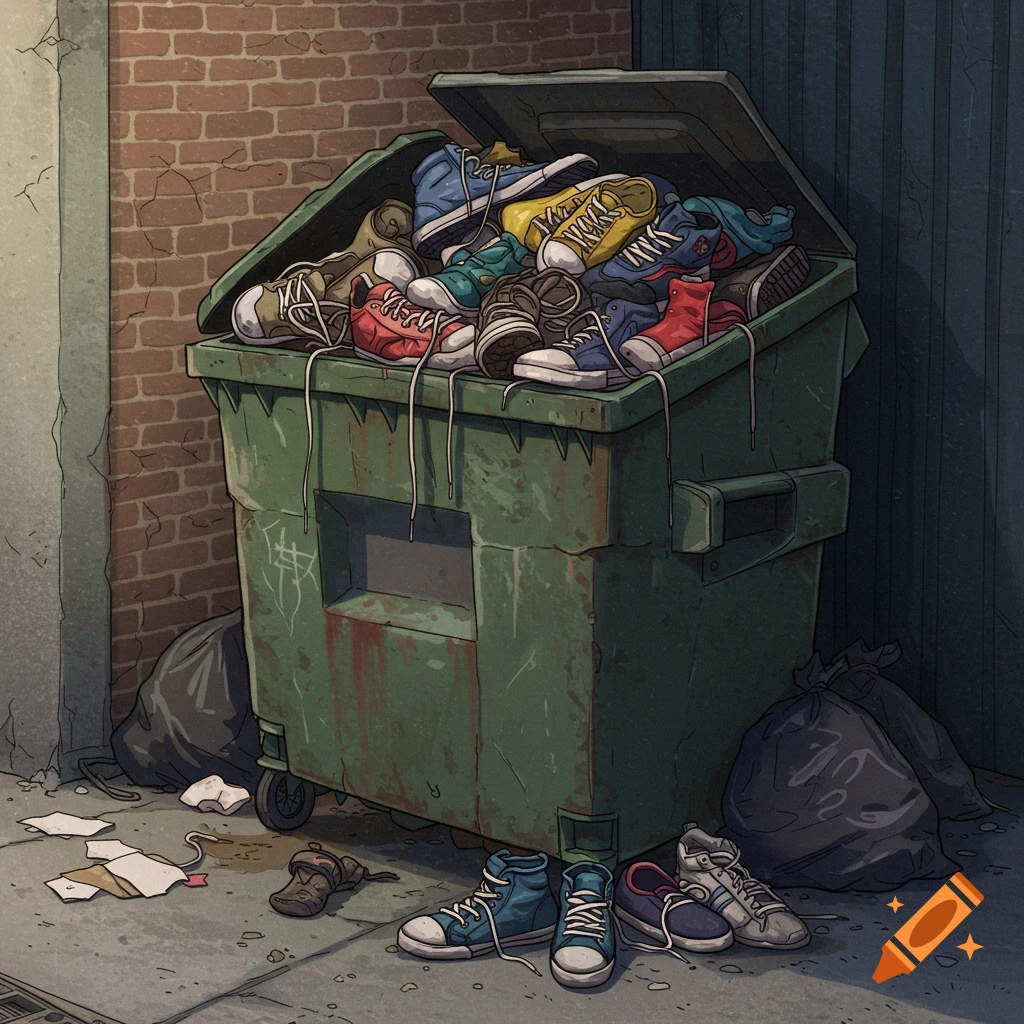 A garbage dumpster in an alley, overflowing with various shoes.