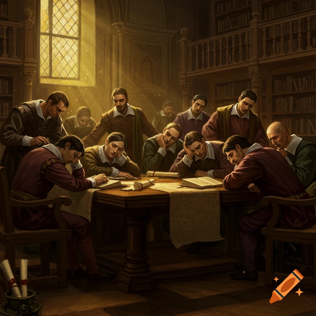 Scholars falling asleep at a table in a library.