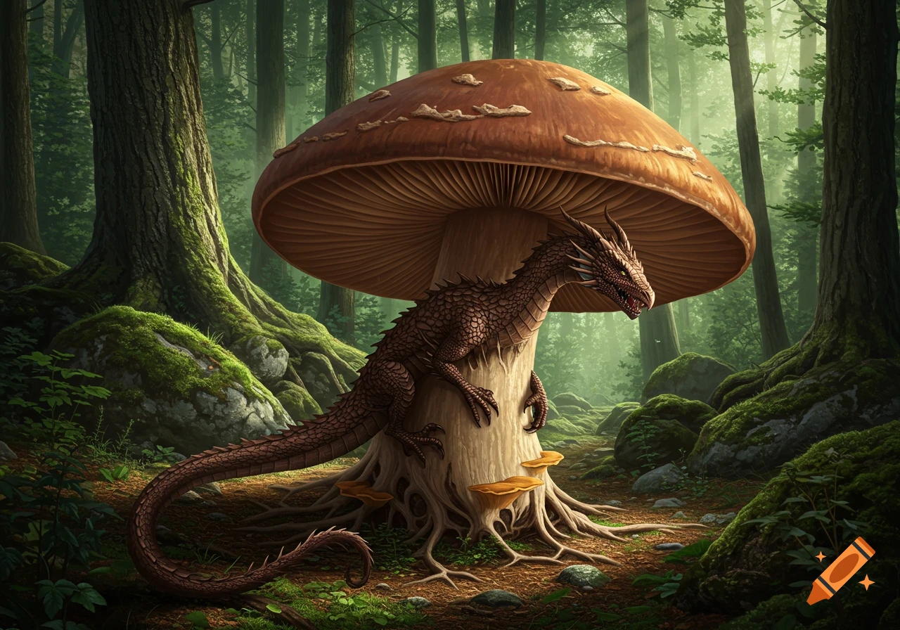 A brown dragon wrapped around a giant mushroom in a forest.