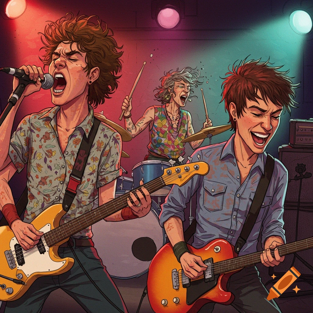 A band with a singer, bassist, and guitarist is performing on stage