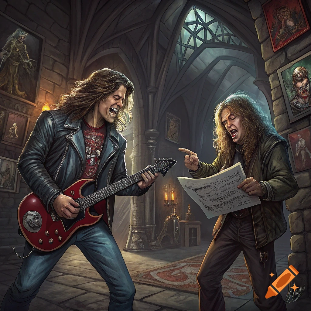 Two rock musicians jam in a gothic hall filled with framed paintings.