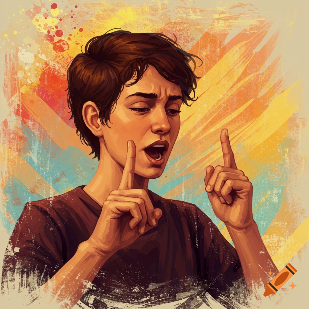 A person with an expressive face using their hands, set against a colorful abstract background.