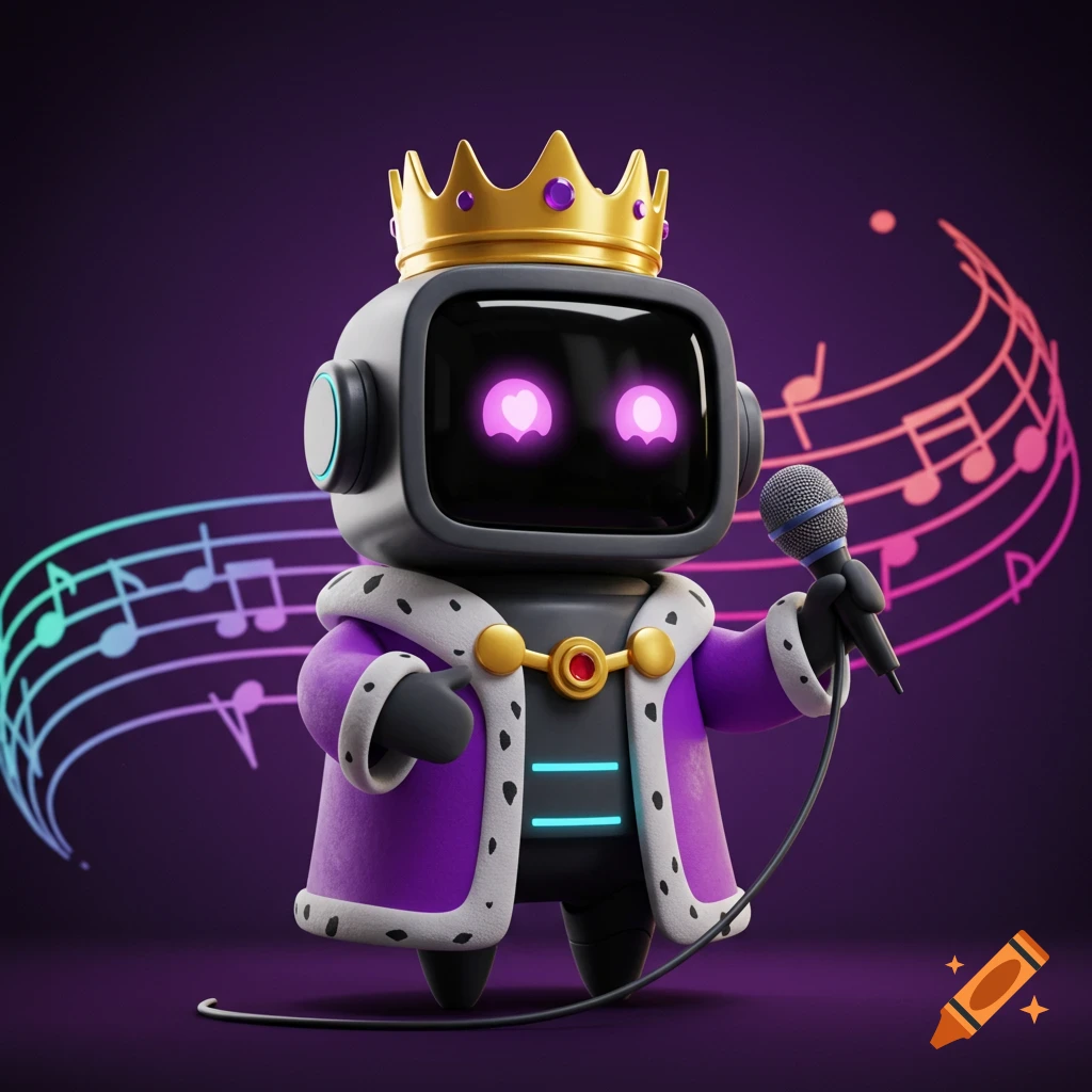 A stylized robot king wearing a crown and purple and white robe holds a microphone with music notes in the background.