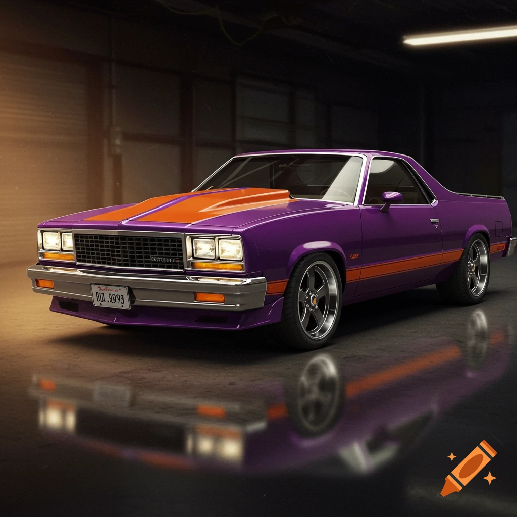 Purple 1985 El Camino with orange stripes in a garage.