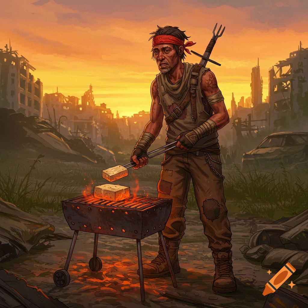 A post-apocalyptic survivor grills tofu on a BBQ in a ruined city at sunset.