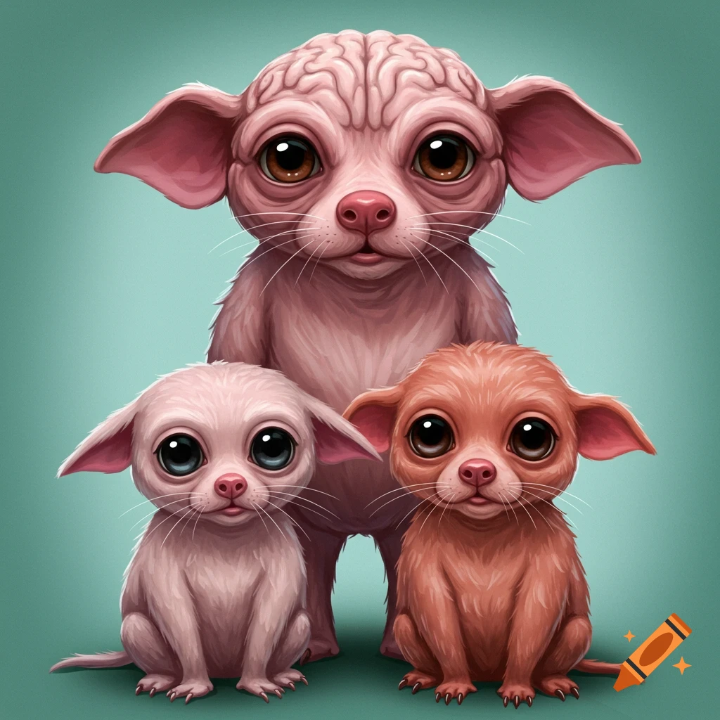 Three big-eyed fantasy dog creatures are shown against a teal background. One of the creatures has a head that resembles a brain.
