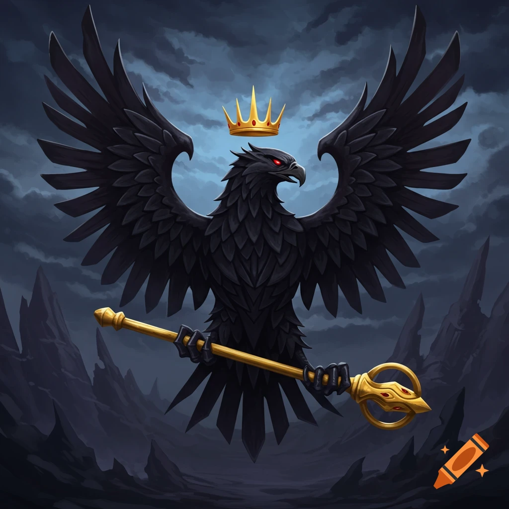 A black eagle wearing a gold crown and holding a staff against a dark, rocky background.